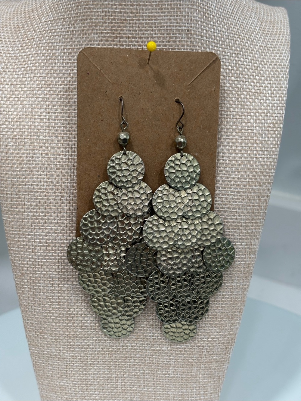 Metallic Textured Layered Disc Drop Earrings - Silver